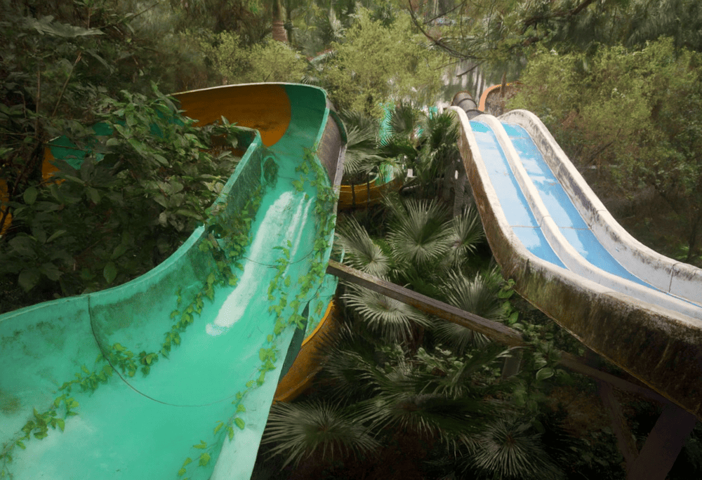 The eerie and mysterious mood that fills the area around the abandoned water slides